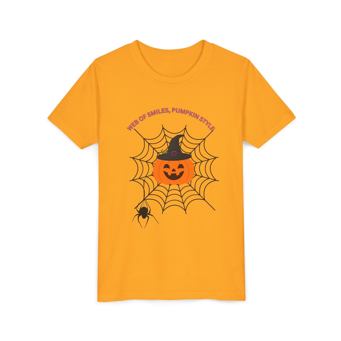 Halloween Themed Youth Short Sleeve Tee, Kids Tee, Pumpkin Shirt, Spider Web T-Shirt