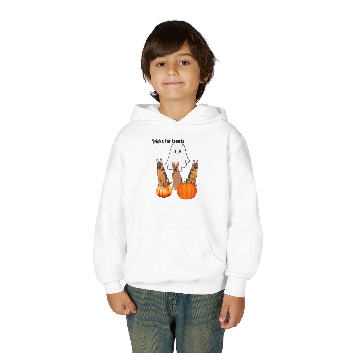 Youth Halloween Hoodie with Cute Dogs Tricks for Treats