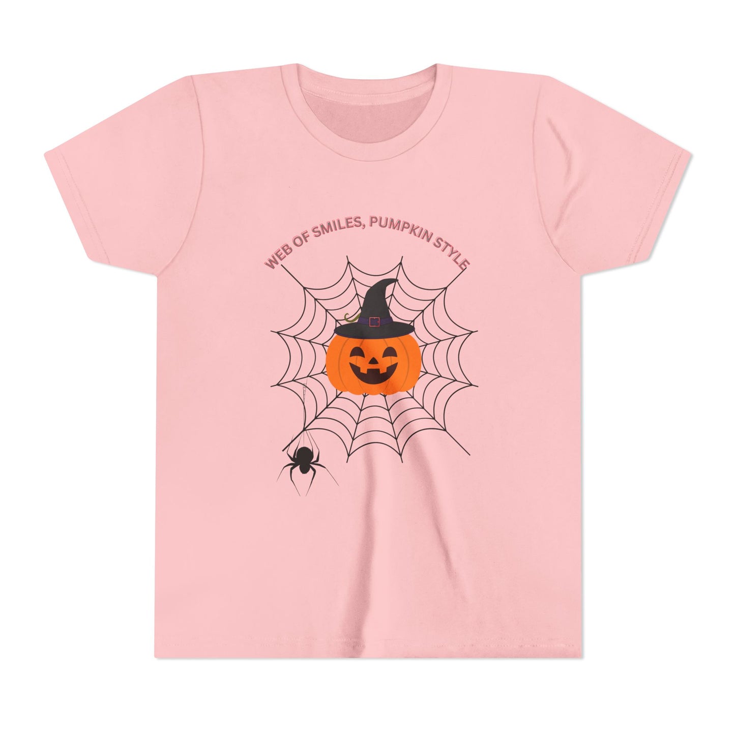 Halloween Themed Youth Short Sleeve Tee, Kids Tee, Pumpkin Shirt, Spider Web T-Shirt