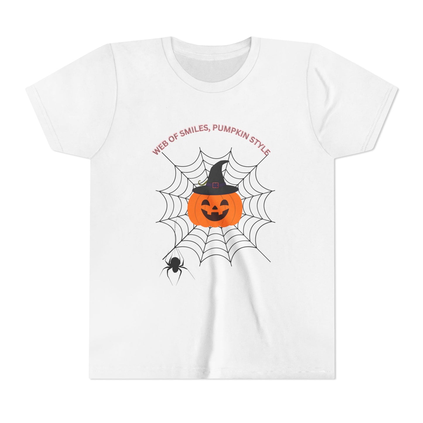 Halloween Themed Youth Short Sleeve Tee, Kids Tee, Pumpkin Shirt, Spider Web T-Shirt