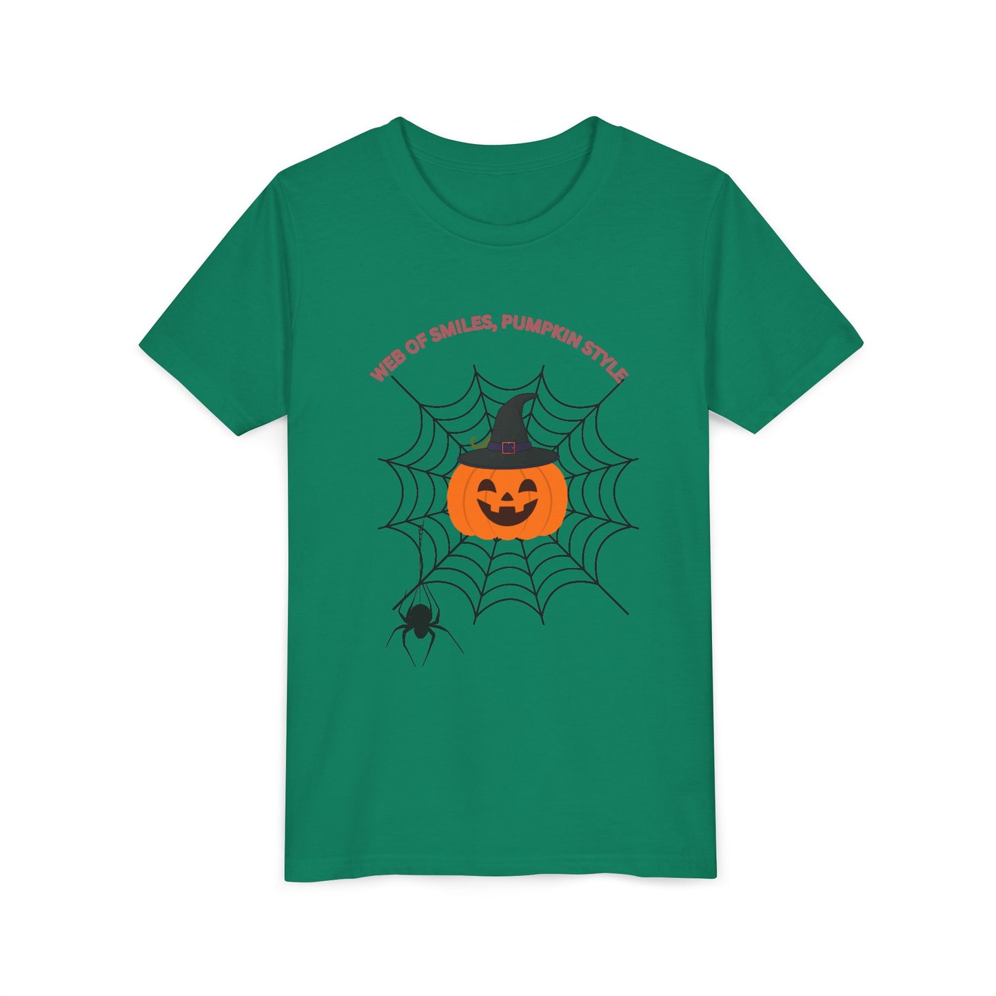 Halloween Themed Youth Short Sleeve Tee, Kids Tee, Pumpkin Shirt, Spider Web T-Shirt