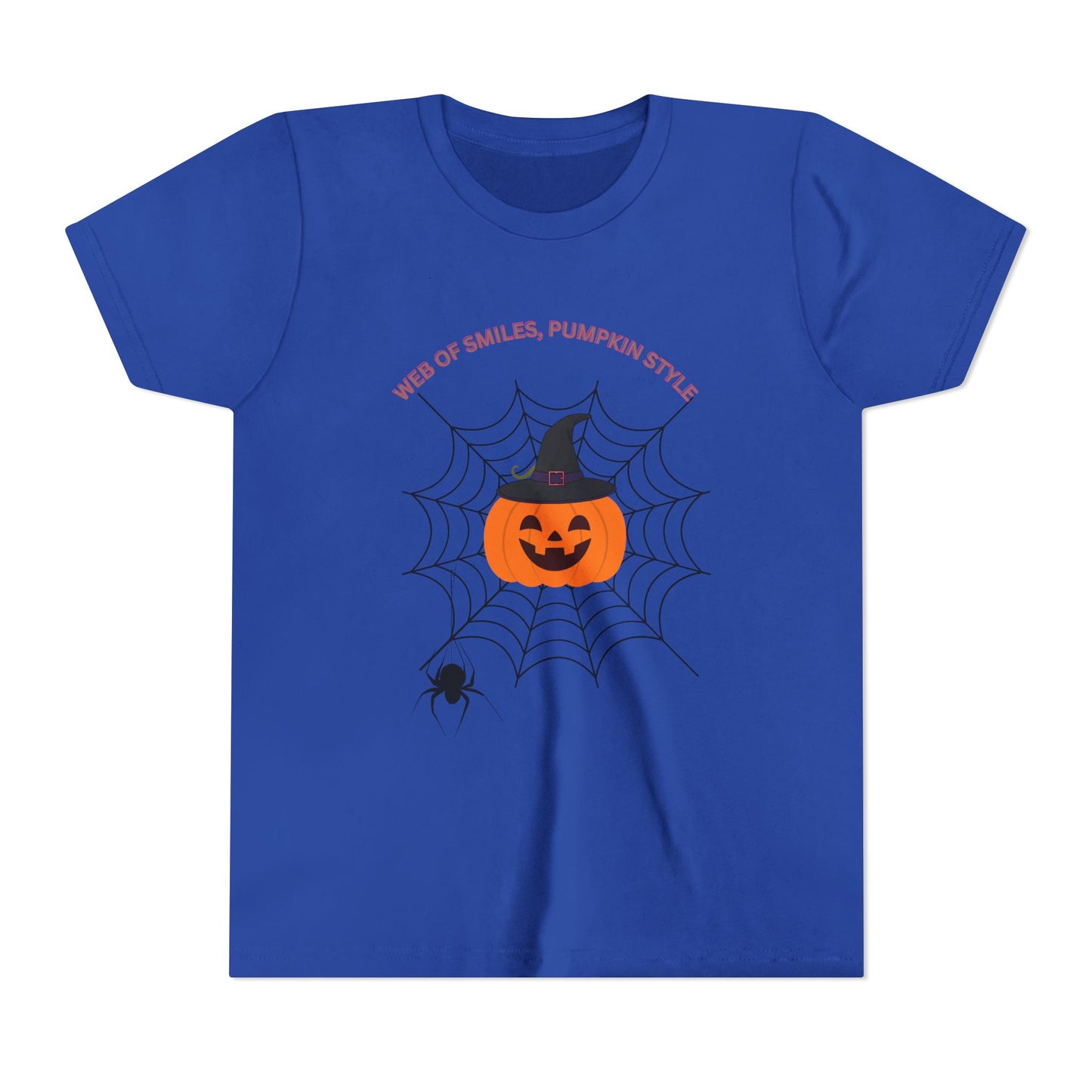 Halloween Themed Youth Short Sleeve Tee, Kids Tee, Pumpkin Shirt, Spider Web T-Shirt