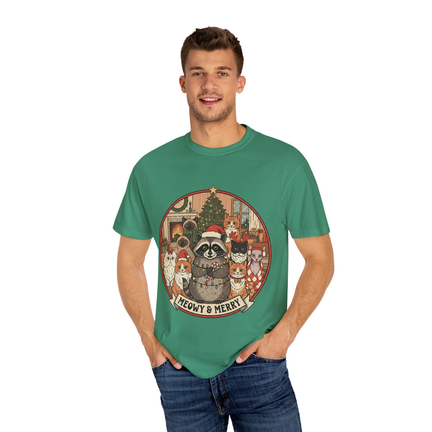 Meowy & Merry Holiday T-shirt, Cute Pet Lover Tee, Unisex Christmas Shirt, Gift for Cat Lovers, Fun Festive Apparel