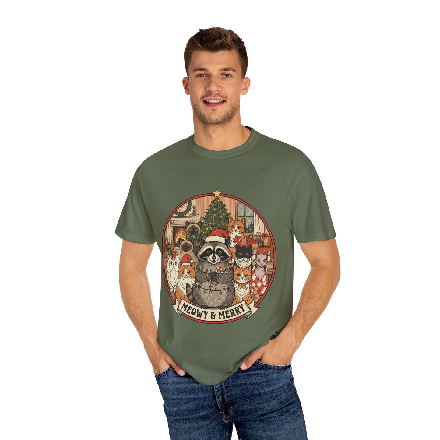 Meowy & Merry Holiday T-shirt, Cute Pet Lover Tee, Unisex Christmas Shirt, Gift for Cat Lovers, Fun Festive Apparel