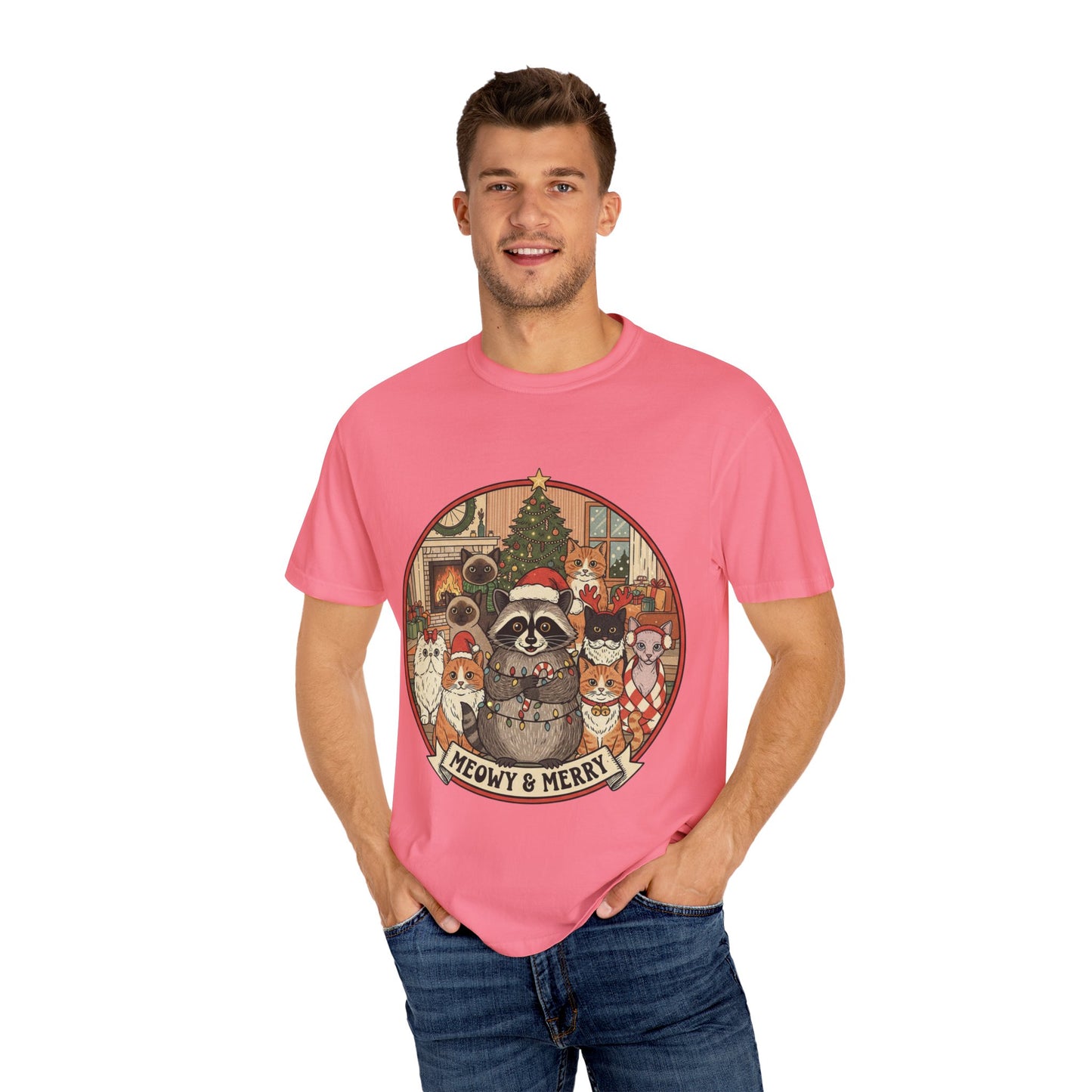 Meowy & Merry Holiday T-shirt, Cute Pet Lover Tee, Unisex Christmas Shirt, Gift for Cat Lovers, Fun Festive Apparel