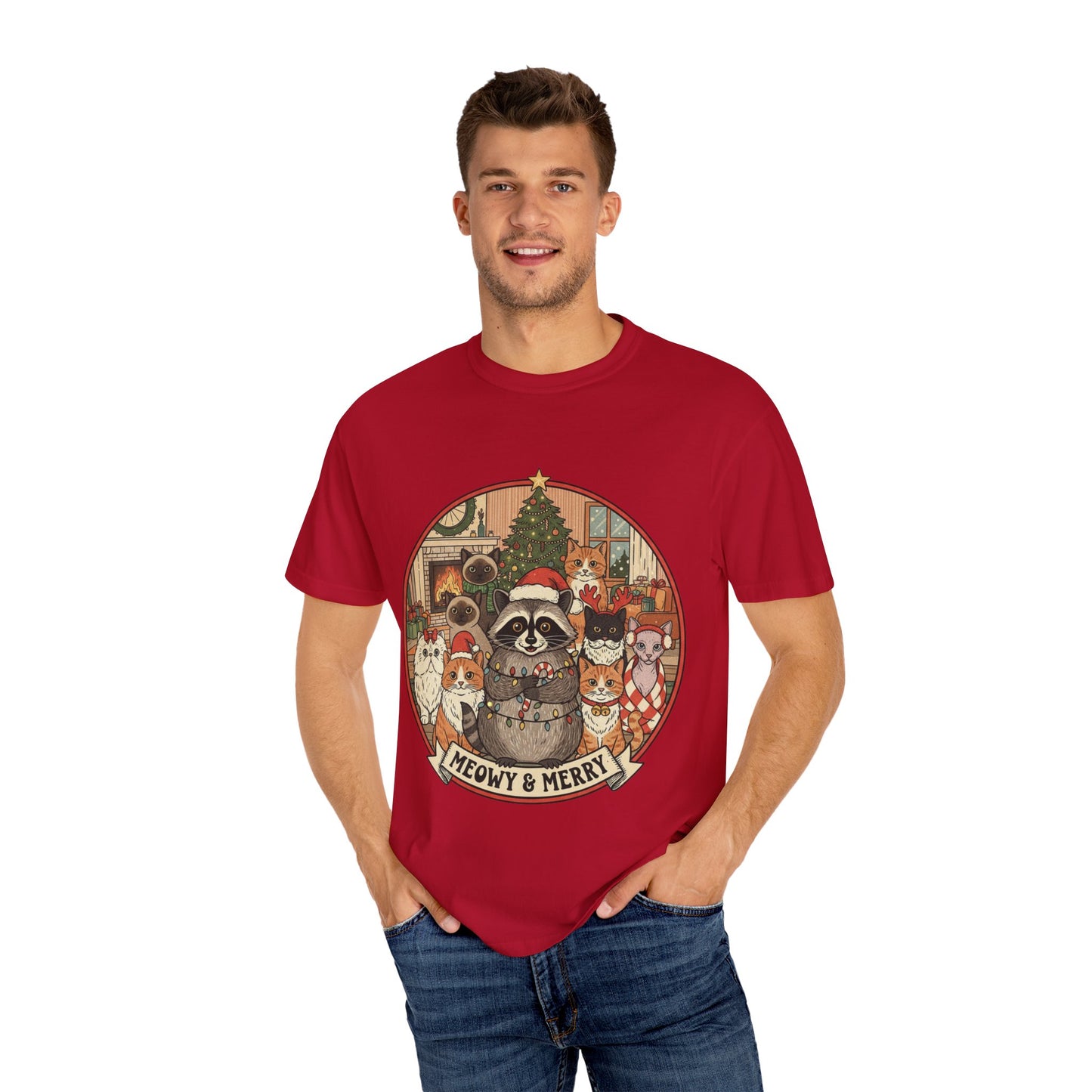 Meowy & Merry Holiday T-shirt, Cute Pet Lover Tee, Unisex Christmas Shirt, Gift for Cat Lovers, Fun Festive Apparel