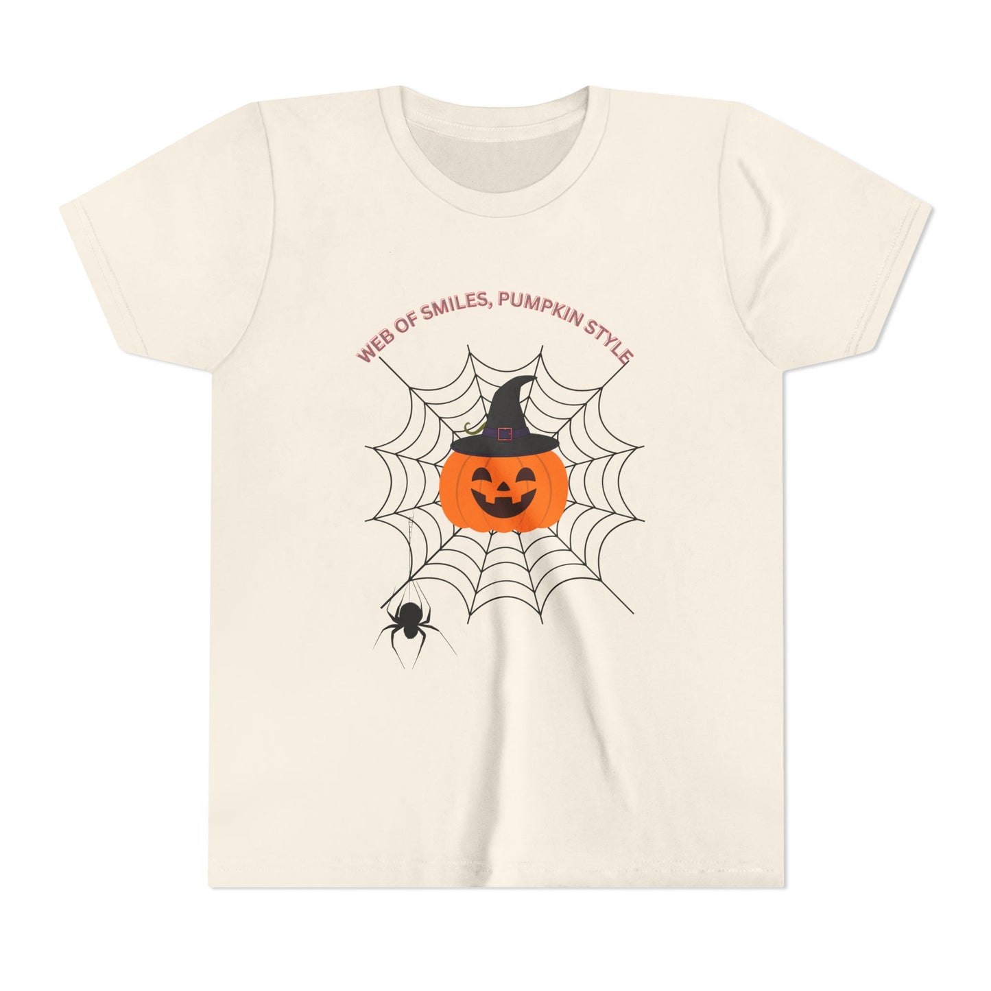 Halloween Themed Youth Short Sleeve Tee, Kids Tee, Pumpkin Shirt, Spider Web T-Shirt