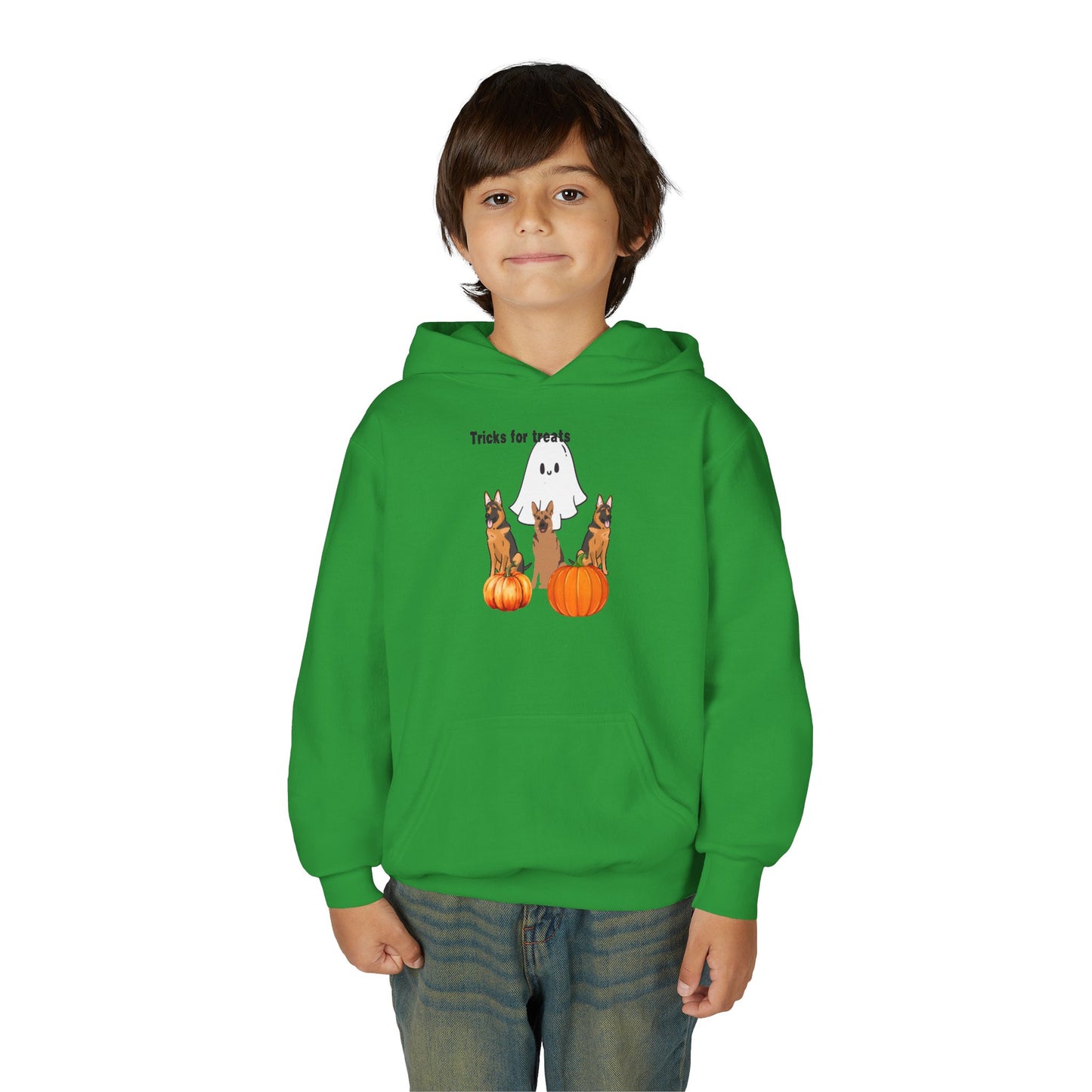Youth Halloween Hoodie with Cute Dogs Tricks for Treats