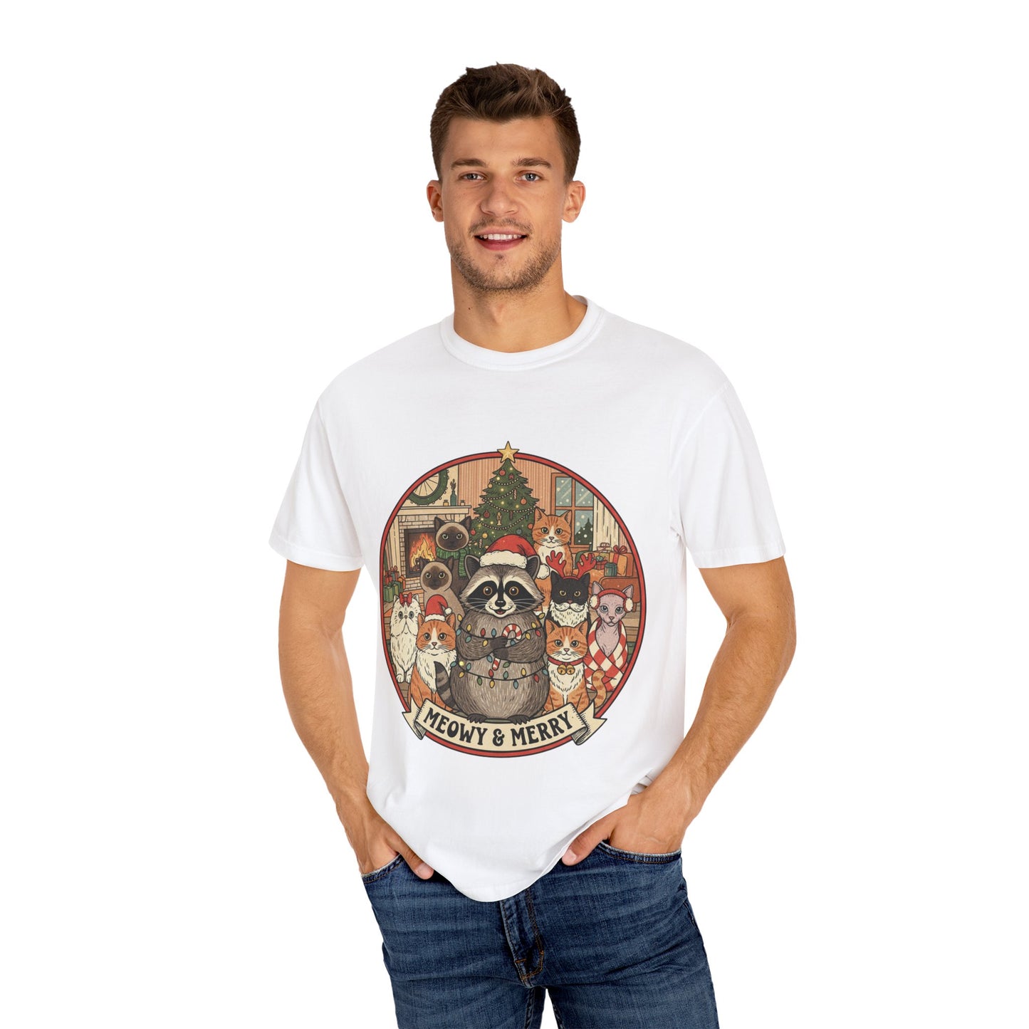 Meowy & Merry Holiday T-shirt, Cute Pet Lover Tee, Unisex Christmas Shirt, Gift for Cat Lovers, Fun Festive Apparel