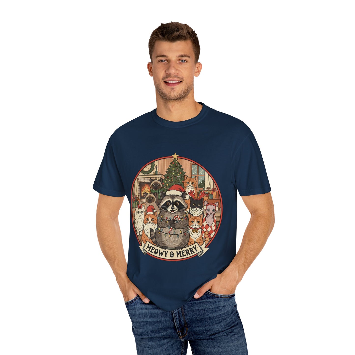 Meowy & Merry Holiday T-shirt, Cute Pet Lover Tee, Unisex Christmas Shirt, Gift for Cat Lovers, Fun Festive Apparel