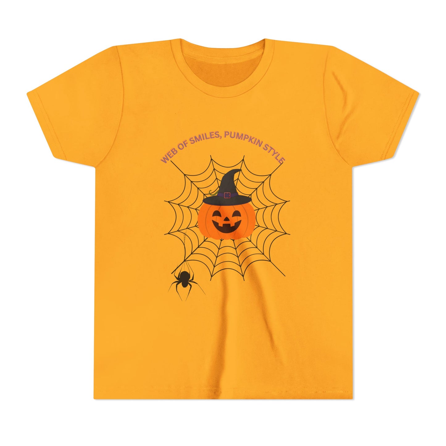 Halloween Themed Youth Short Sleeve Tee, Kids Tee, Pumpkin Shirt, Spider Web T-Shirt
