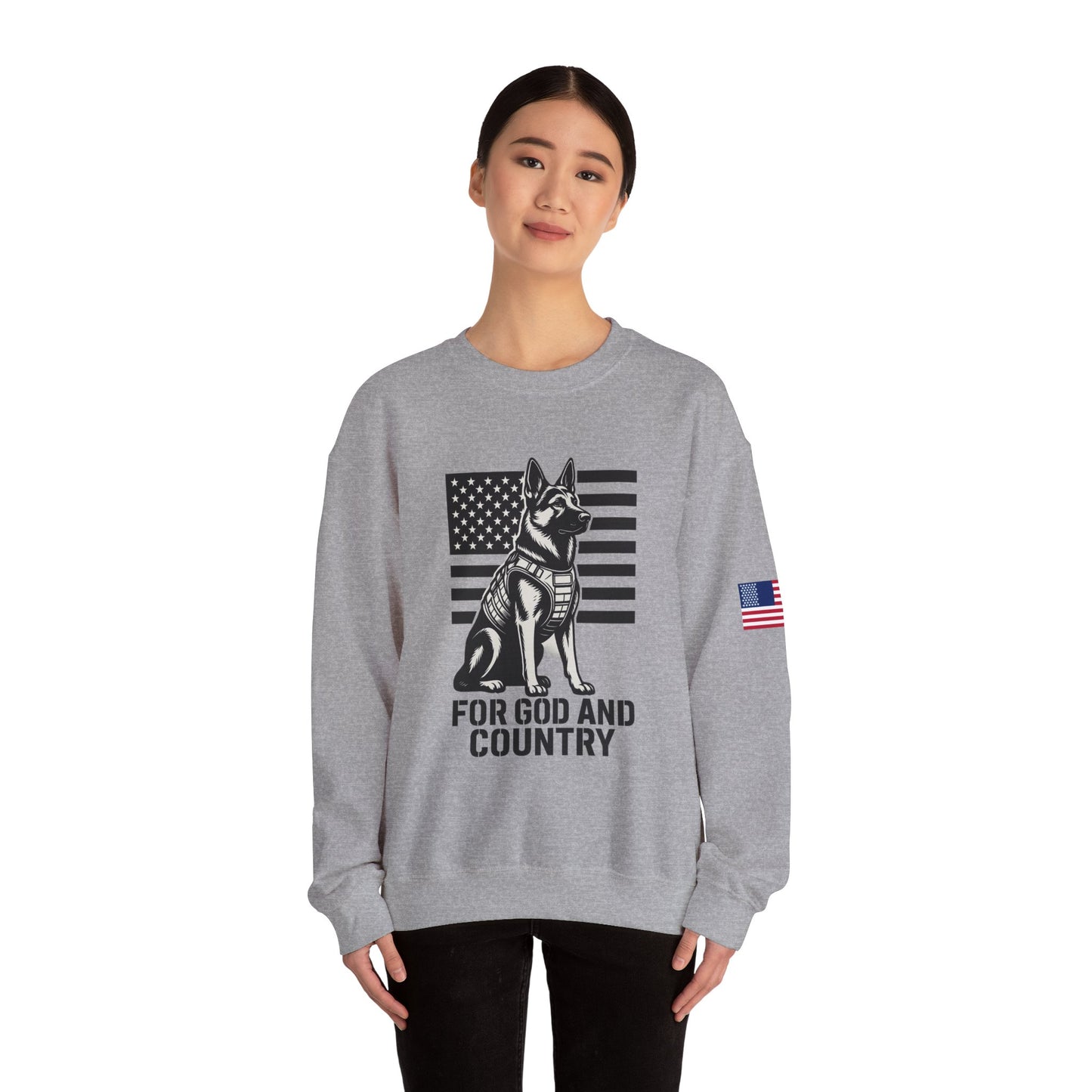 Patriotic Dog Sweatshirt, For God and Country Crewneck, Military Support Apparel, Veteran Gift, USA Flag Sweater