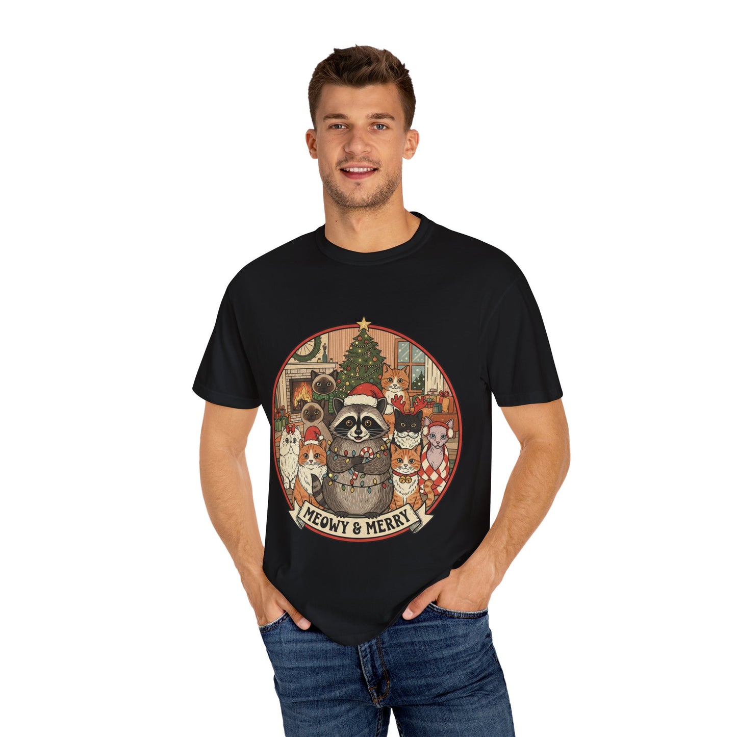 Meowy & Merry Holiday T-shirt, Cute Pet Lover Tee, Unisex Christmas Shirt, Gift for Cat Lovers, Fun Festive Apparel