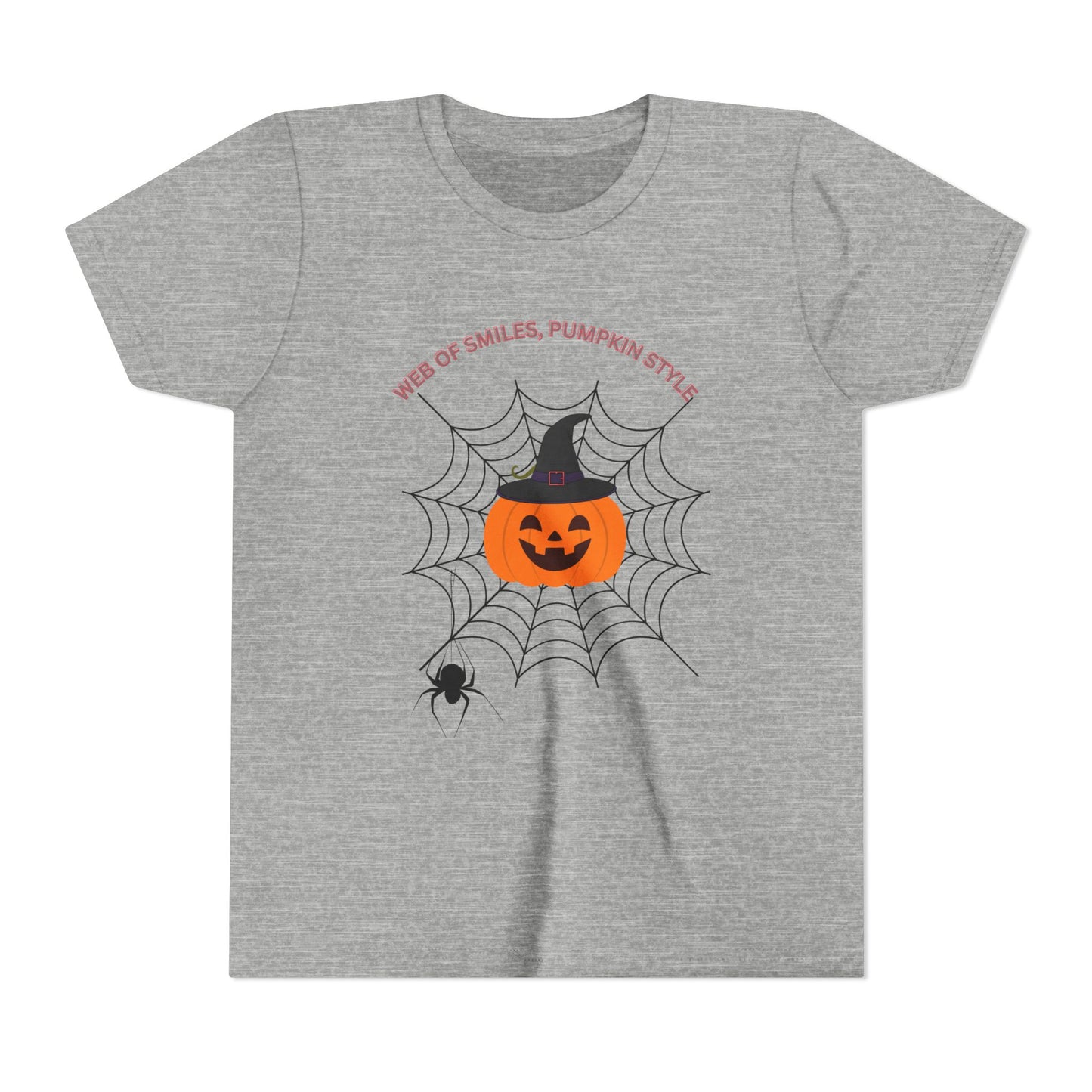Halloween Themed Youth Short Sleeve Tee, Kids Tee, Pumpkin Shirt, Spider Web T-Shirt