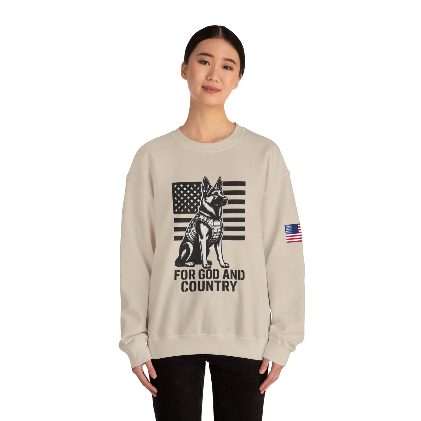 Patriotic Dog Sweatshirt, For God and Country Crewneck, Military Support Apparel, Veteran Gift, USA Flag Sweater