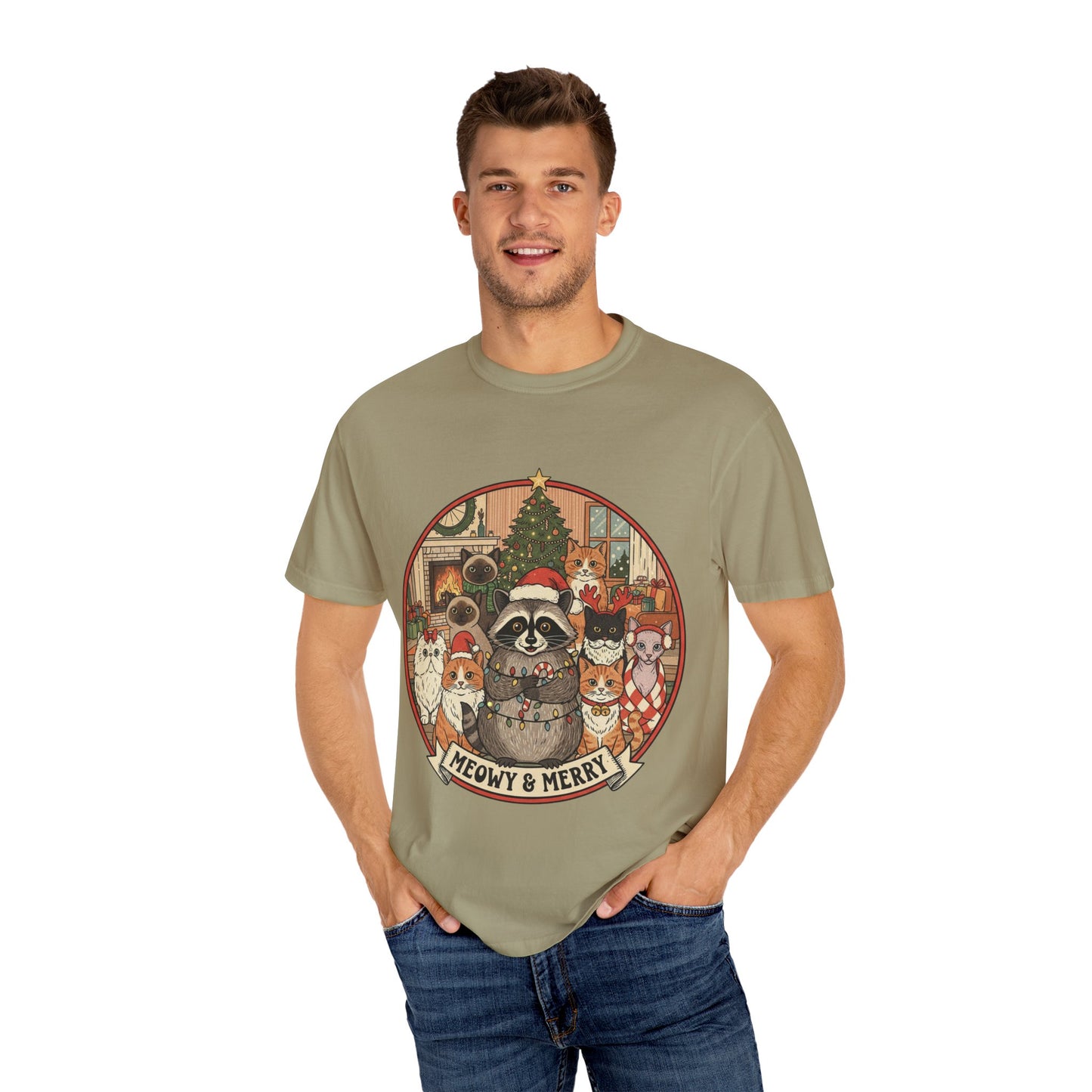 Meowy & Merry Holiday T-shirt, Cute Pet Lover Tee, Unisex Christmas Shirt, Gift for Cat Lovers, Fun Festive Apparel