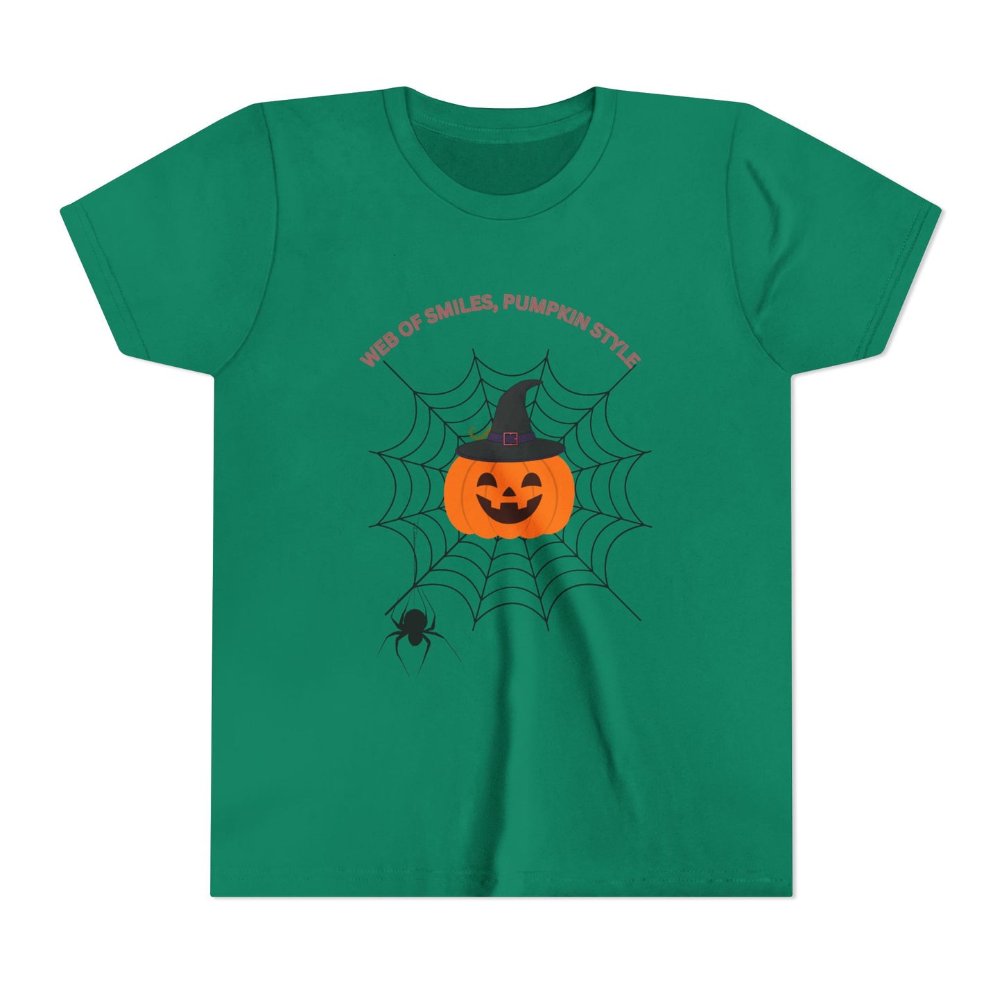 Halloween Themed Youth Short Sleeve Tee, Kids Tee, Pumpkin Shirt, Spider Web T-Shirt