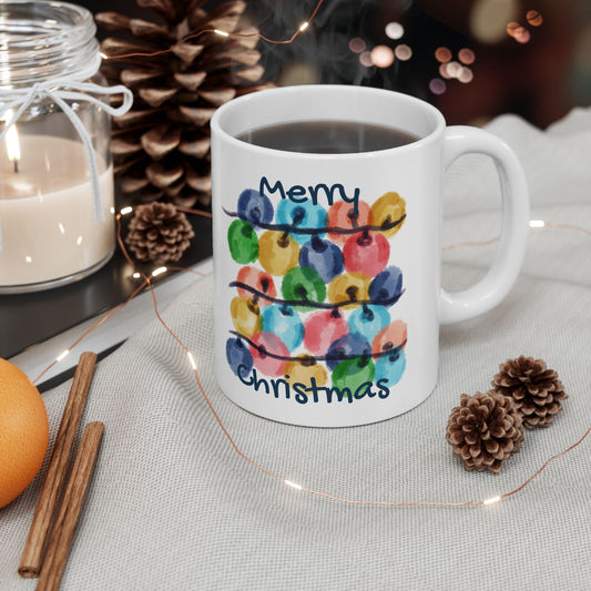 Festive Ceramic Mug with Colorful Ornaments, Holiday Gift, Christmas Decor