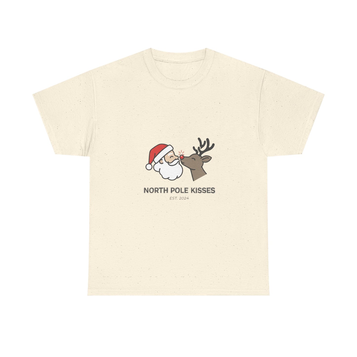 North Pole Kisses Unisex Heavy Cotton Tee, Christmas Tee, Holiday Gift, Festive Apparel, Winter T-Shirt, Santa and Reindeer Design