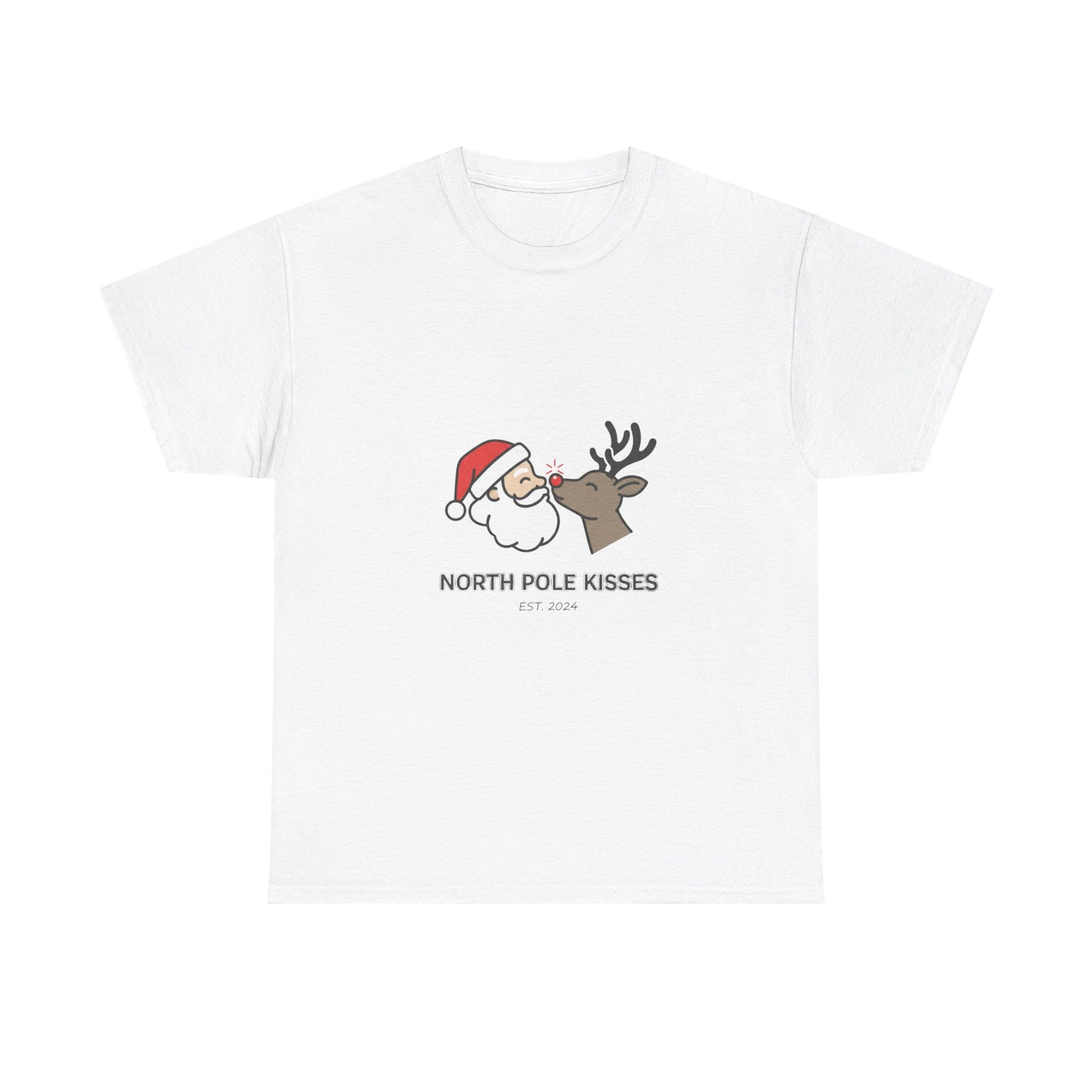 North Pole Kisses Unisex Heavy Cotton Tee, Christmas Tee, Holiday Gift, Festive Apparel, Winter T-Shirt, Santa and Reindeer Design