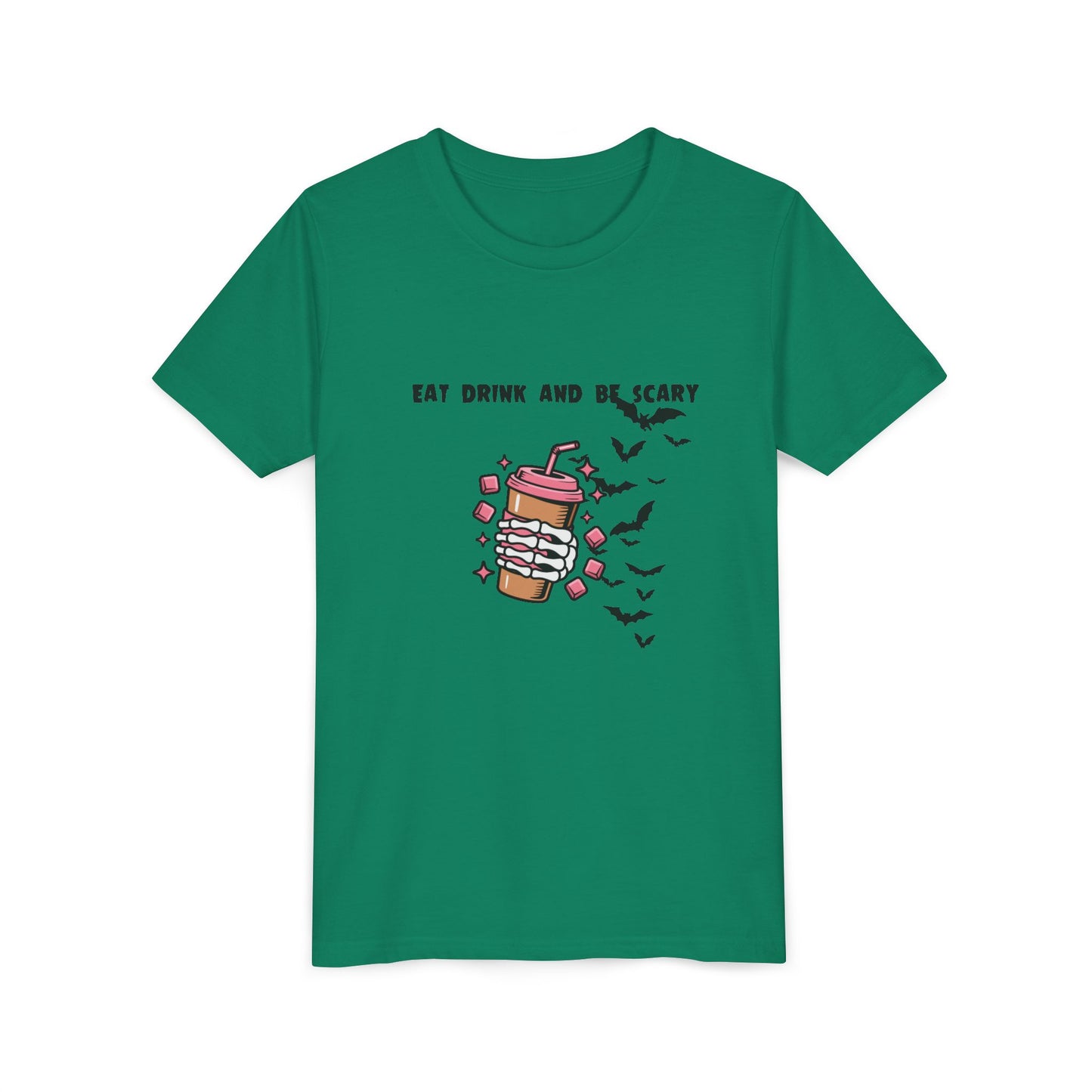 Halloween Youth Tee, Scary Short Sleeve Shirt for Kids, Ghost and Bat Design
