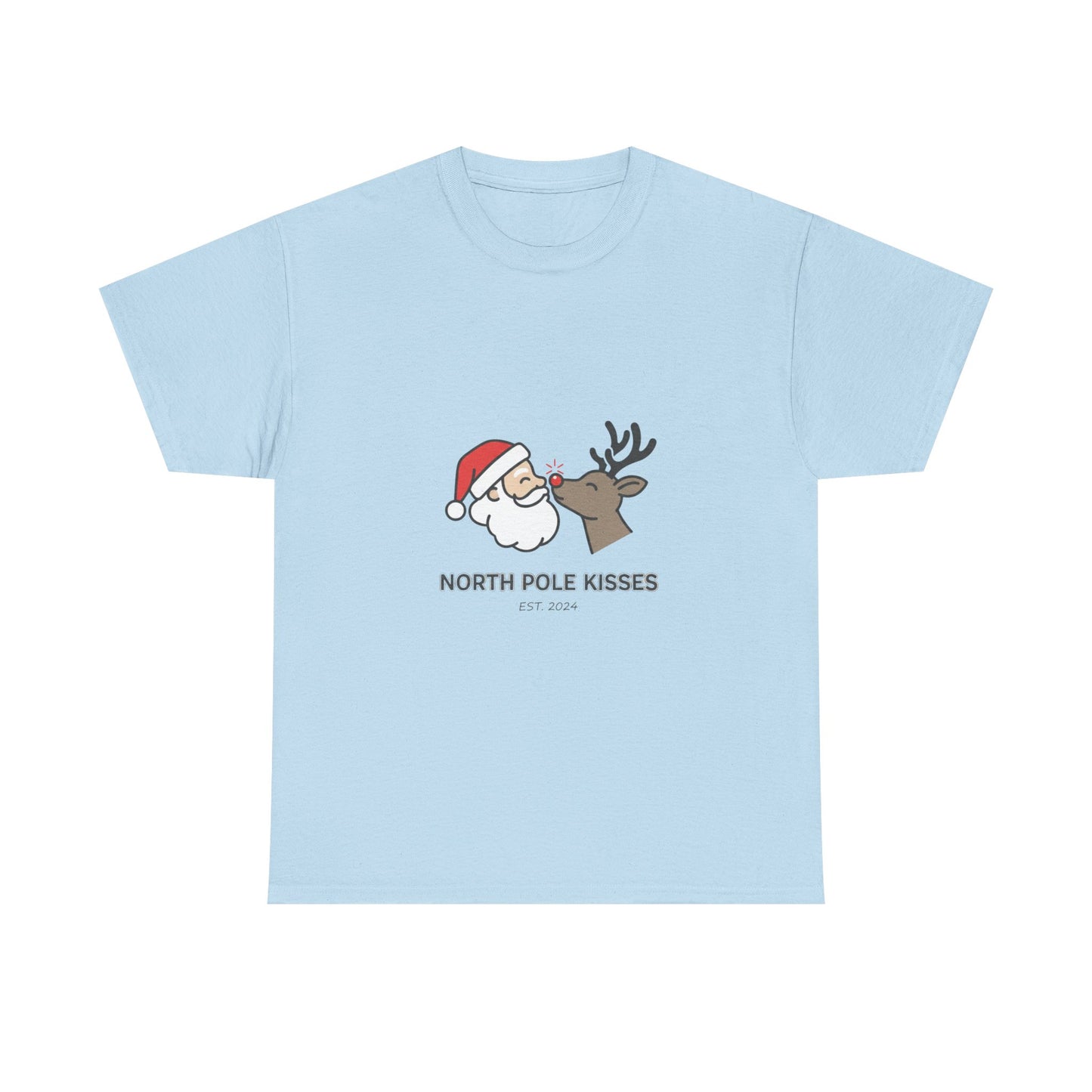 North Pole Kisses Unisex Heavy Cotton Tee, Christmas Tee, Holiday Gift, Festive Apparel, Winter T-Shirt, Santa and Reindeer Design