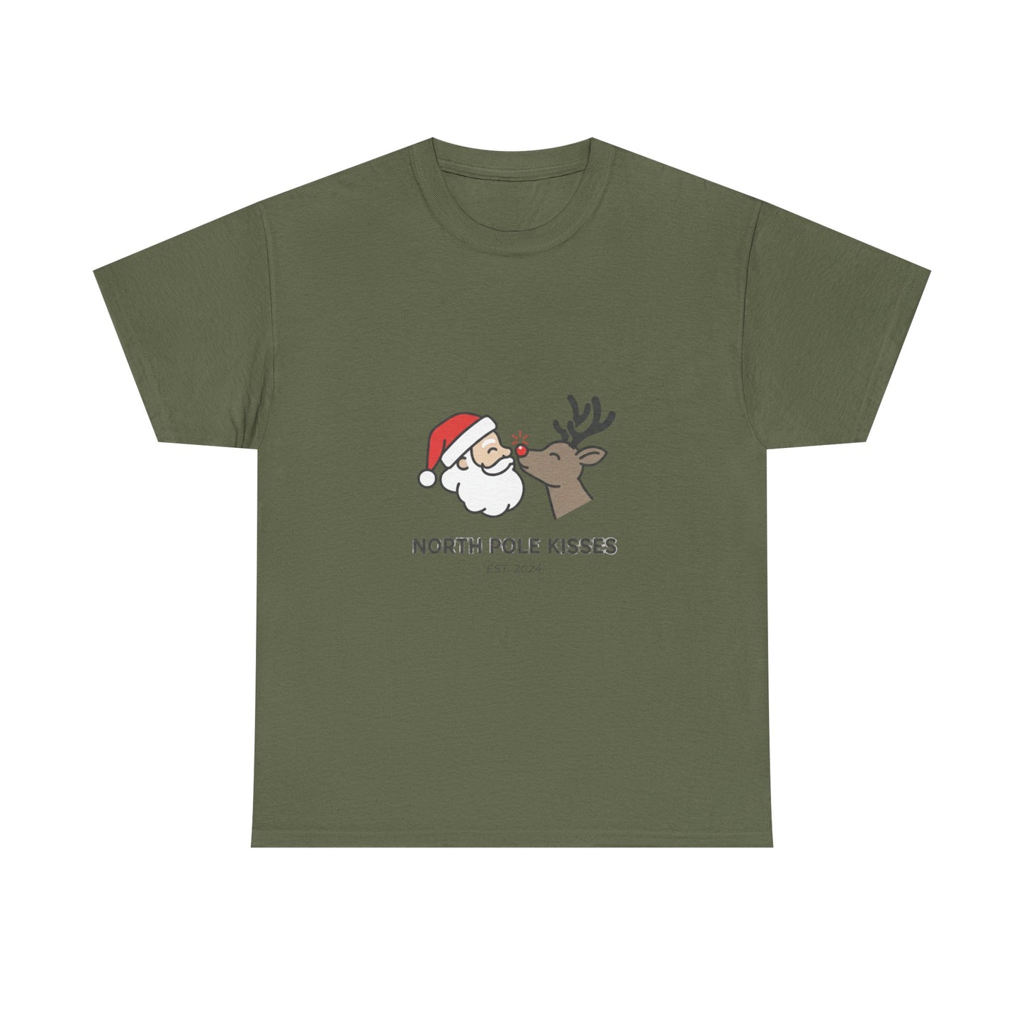 North Pole Kisses Unisex Heavy Cotton Tee, Christmas Tee, Holiday Gift, Festive Apparel, Winter T-Shirt, Santa and Reindeer Design