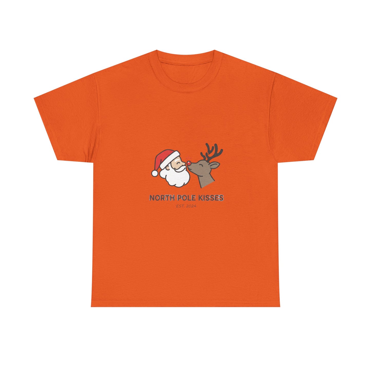 North Pole Kisses Unisex Heavy Cotton Tee, Christmas Tee, Holiday Gift, Festive Apparel, Winter T-Shirt, Santa and Reindeer Design