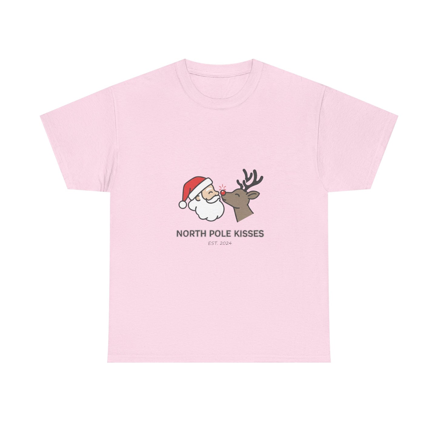 North Pole Kisses Unisex Heavy Cotton Tee, Christmas Tee, Holiday Gift, Festive Apparel, Winter T-Shirt, Santa and Reindeer Design