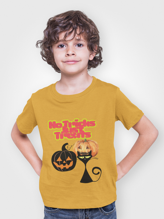 Youth Halloween Tee, Fun Holiday Shirt, No Tricks Just Treats