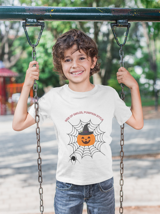 Halloween Themed Youth Short Sleeve Tee, Kids Tee, Pumpkin Shirt, Spider Web T-Shirt
