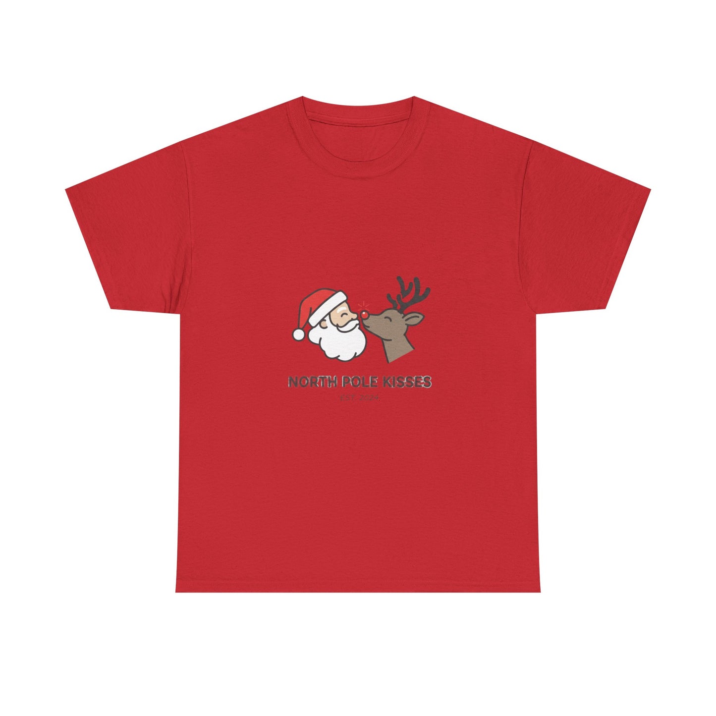 North Pole Kisses Unisex Heavy Cotton Tee, Christmas Tee, Holiday Gift, Festive Apparel, Winter T-Shirt, Santa and Reindeer Design