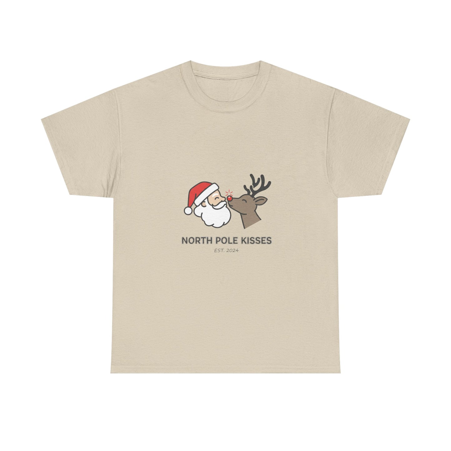 North Pole Kisses Unisex Heavy Cotton Tee, Christmas Tee, Holiday Gift, Festive Apparel, Winter T-Shirt, Santa and Reindeer Design