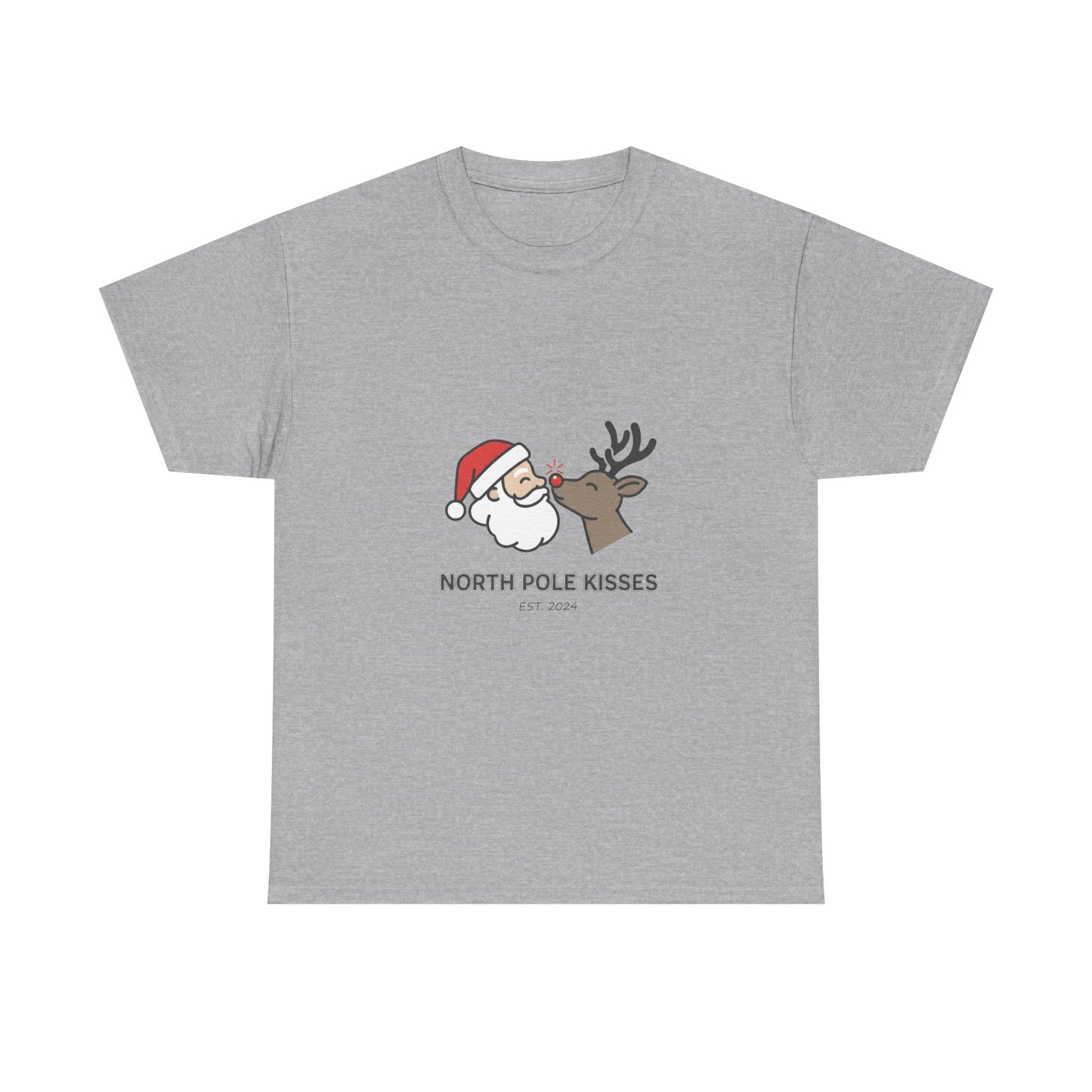 North Pole Kisses Unisex Heavy Cotton Tee, Christmas Tee, Holiday Gift, Festive Apparel, Winter T-Shirt, Santa and Reindeer Design